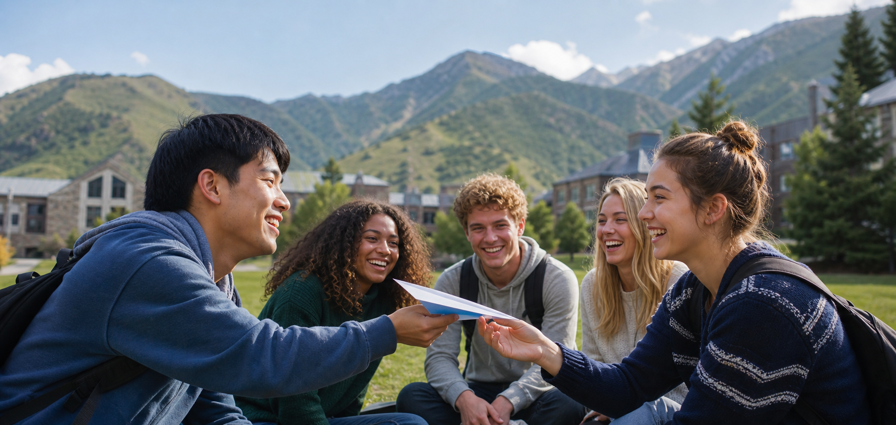 Happy students passing a blue-and-white paper airplane to one another