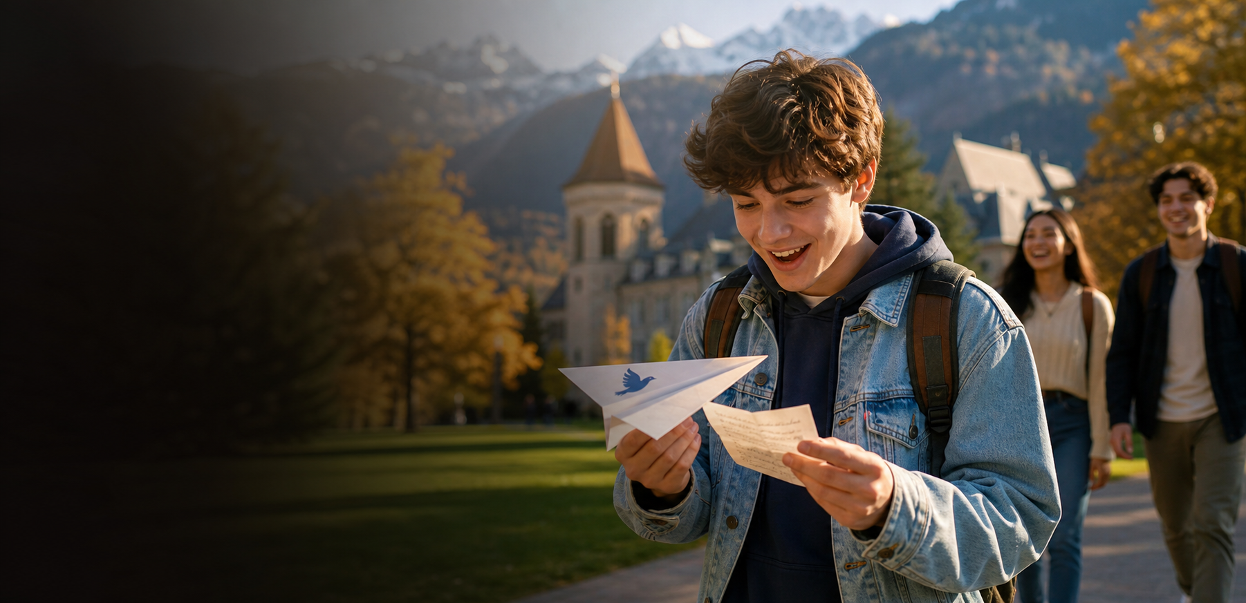A happy student discovering a BirdsEye paper airplane and its message