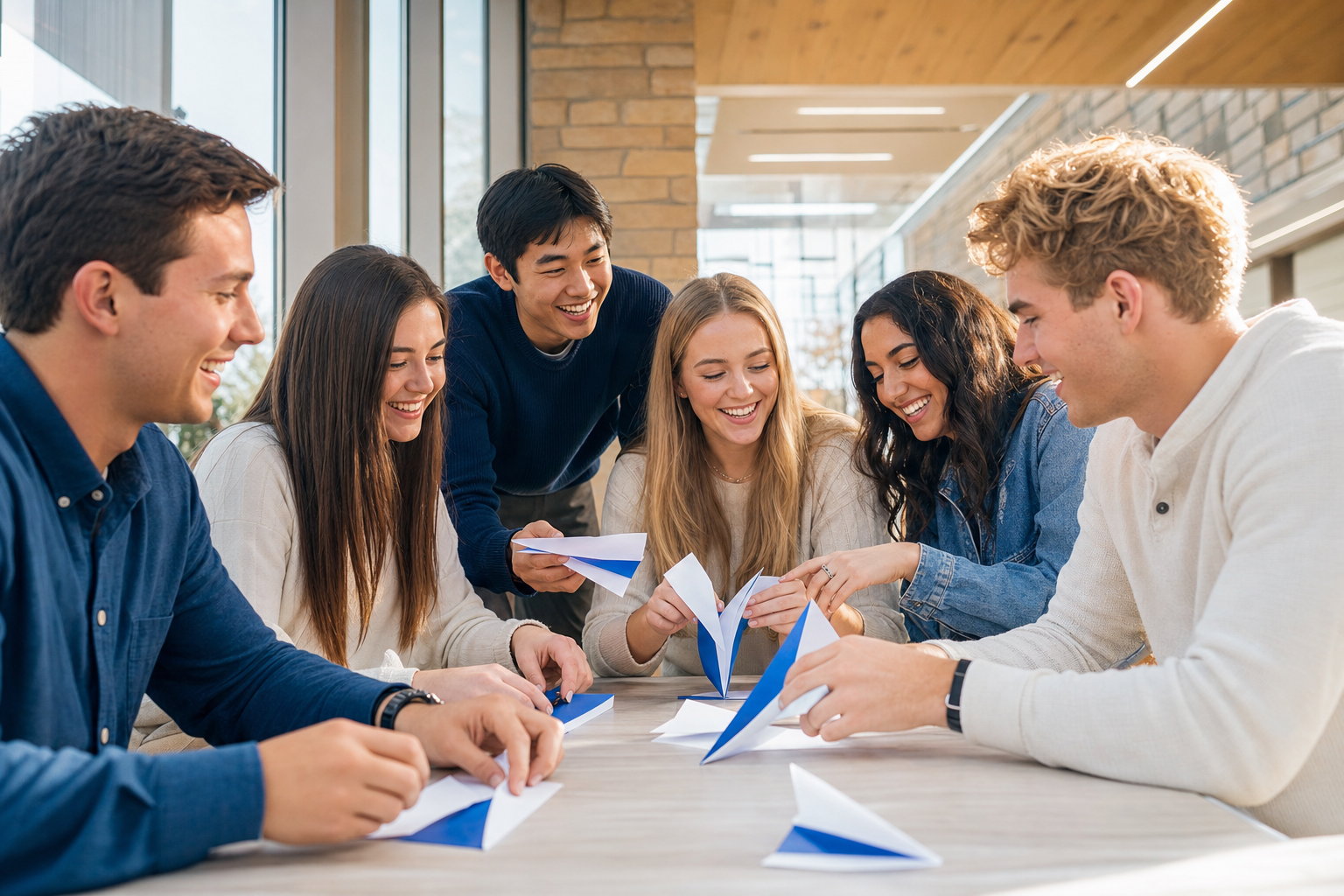 Happy college students laughing while folding blue-and-white paper airplanes together