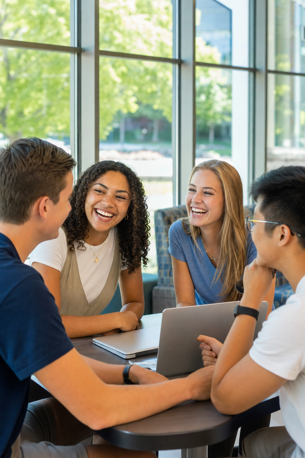 Four happy college students laughing together in a bright campus space