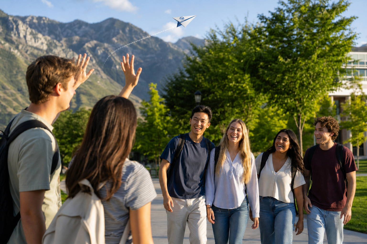 Happy college students waving beneath a BirdsEye paper airplane on a mountain campus