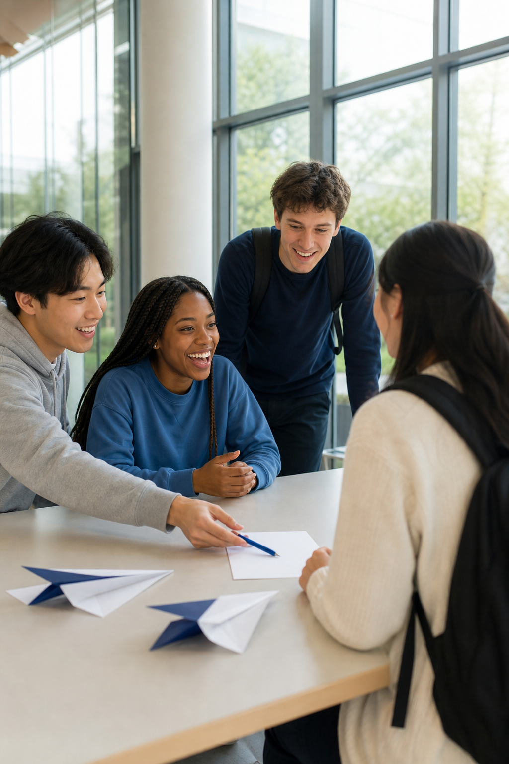 Happy college students welcoming someone at a campus table