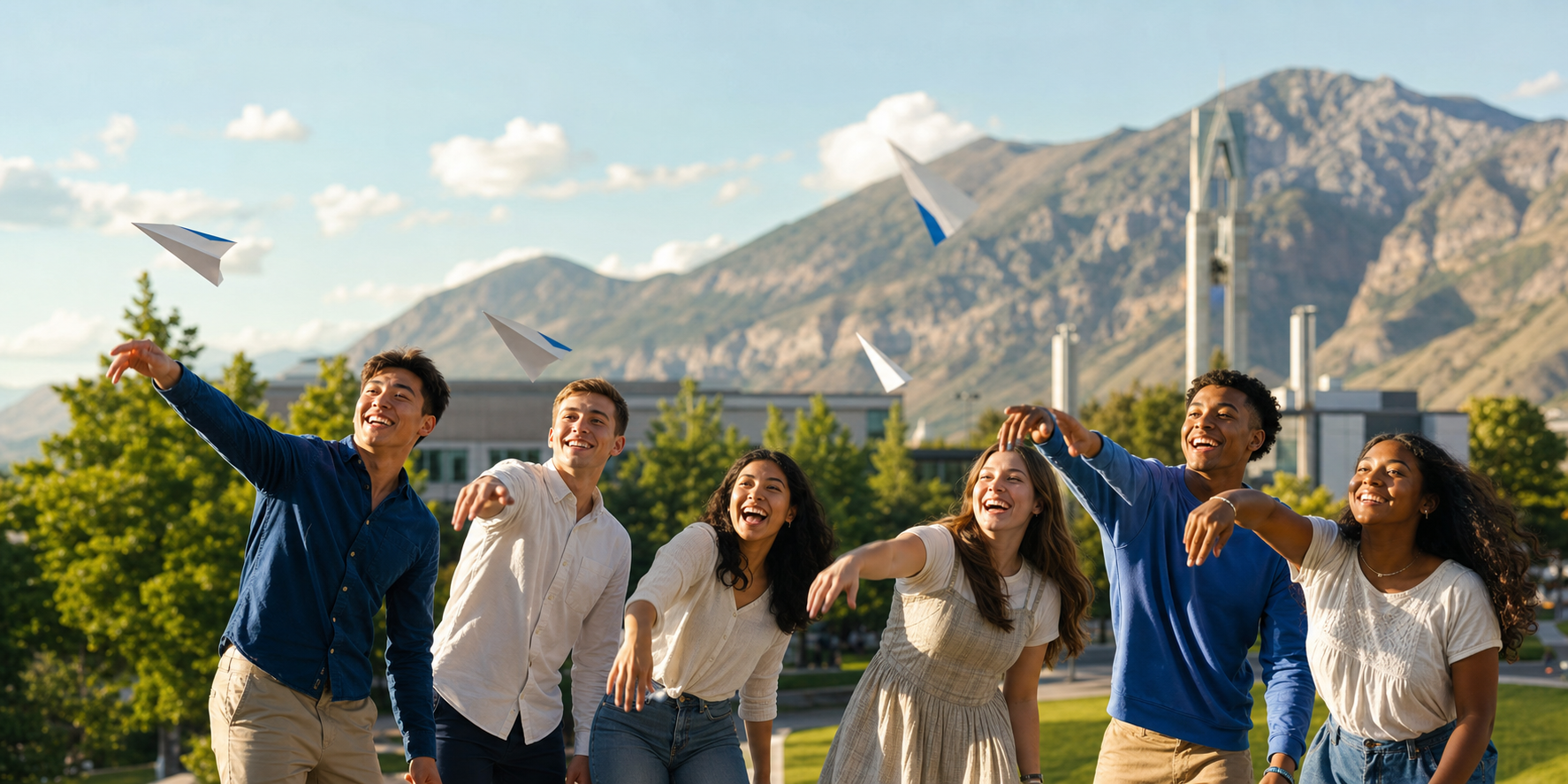 Happy students launching blue-and-white paper airplanes on a mountain campus