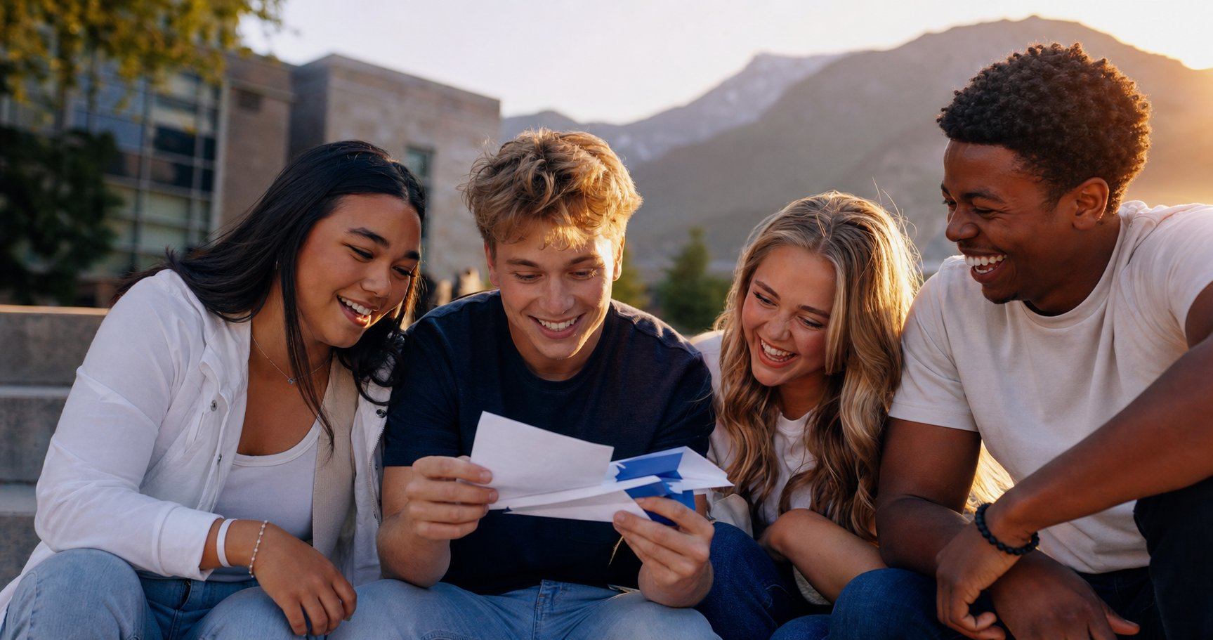 Happy students reading an encouraging message from a paper airplane together